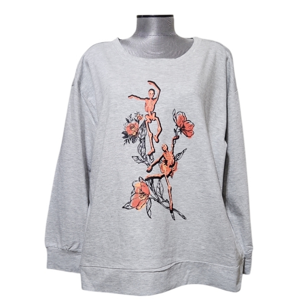 Women's 2X Grey Sweatshirt Dancing Orange Skeletons